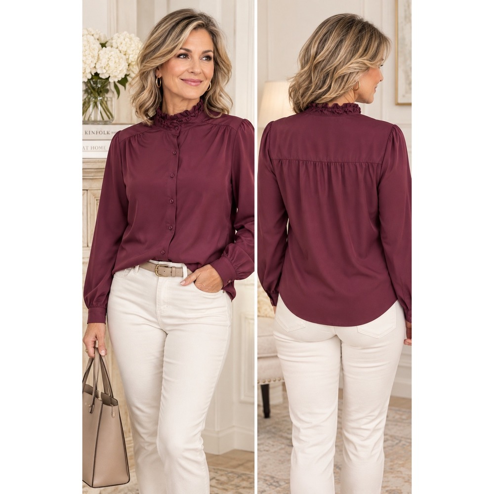 Country Sophisticates by Pendleton Burgundy Ruffle Neck Blouse Romantic Vintage